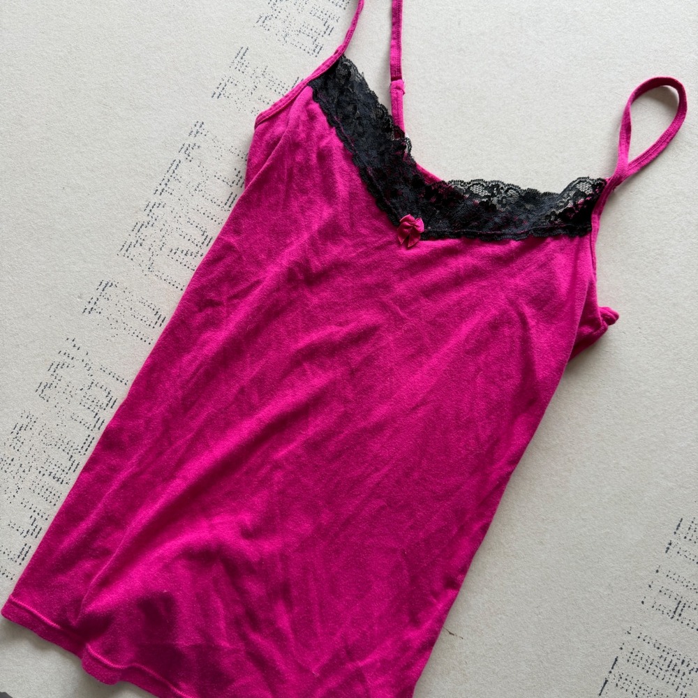 Y2K No Boundaries Cami Tank Top Pink Black Lace Trim Bow Size Large 11-13